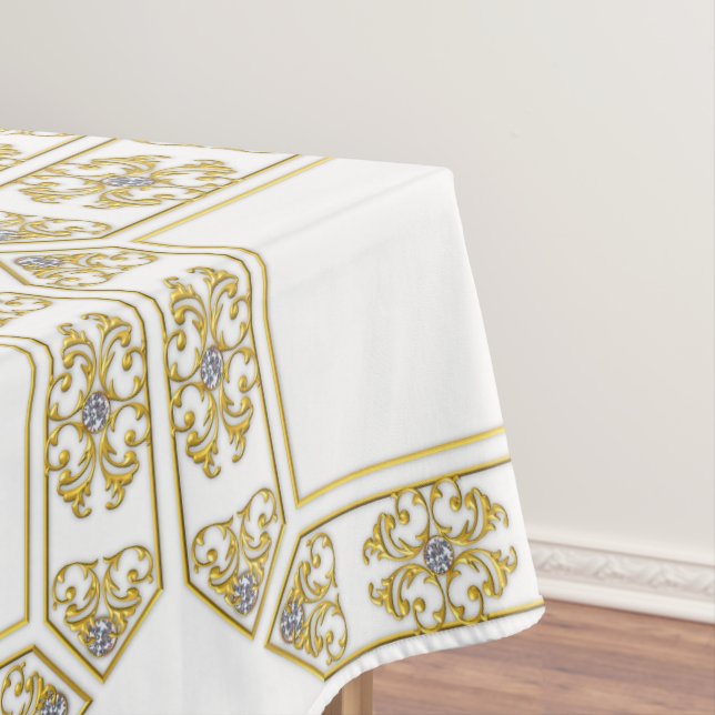Modern Gold Square Diamond Geometric Pattern White Tablecloth (In Situ)