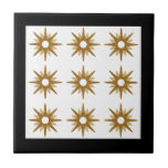Modern Gold Starburst Pattern | Black Ceramic Tile<br><div class="desc">Modern design featuring vintage pattern of retro gold starbursts on a white background, framed in black. Simple, clean modern design. One design in a coordinating collection. Create your own custom pattern by uploading a new image, or use the "message" button for help. To create your own patterned design: 1. Select...</div>