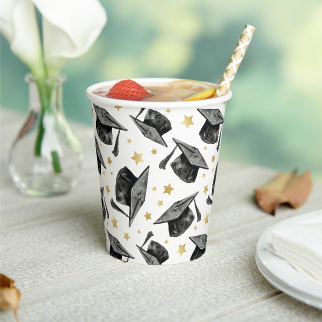 Modern Gold Stars Graduation – Black & White Party Paper Cups (Insitu)