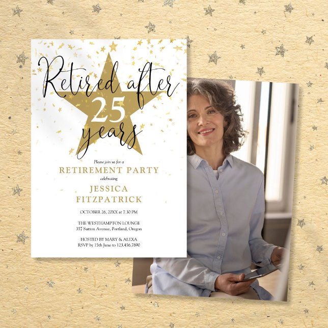 Modern Gold Stars Photo Retirement Party Invitation (Modern Gold Stars Photo Retirement Party Invitation)