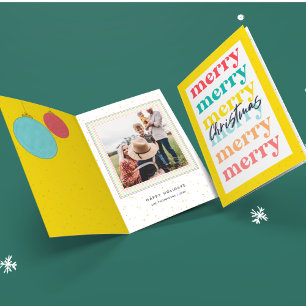 Modern Gold Stars Yellow Christmas Balls One Photo Card