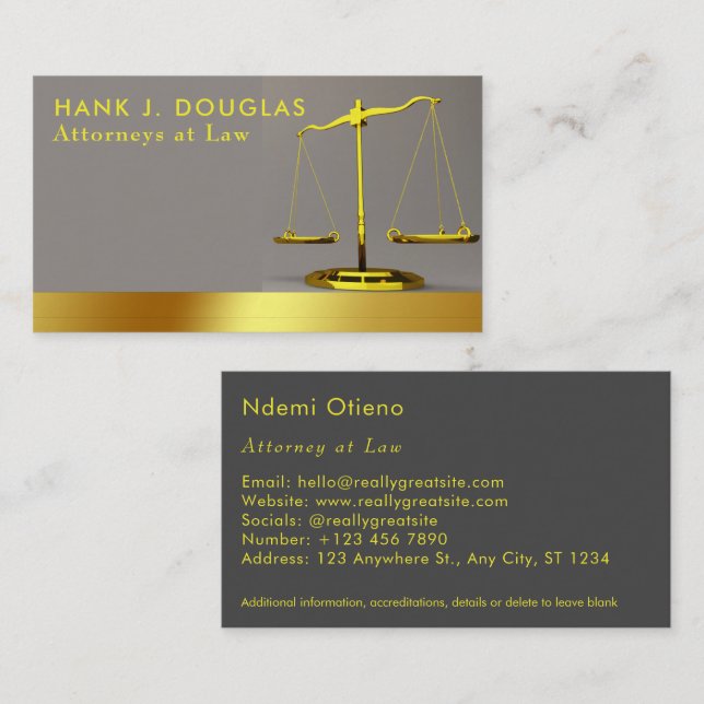 Modern Gold Stripe Grey Lawyer Attorney Business Card (Front/Back)