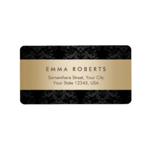 Modern Gold Striped Elegant Black Damask Label