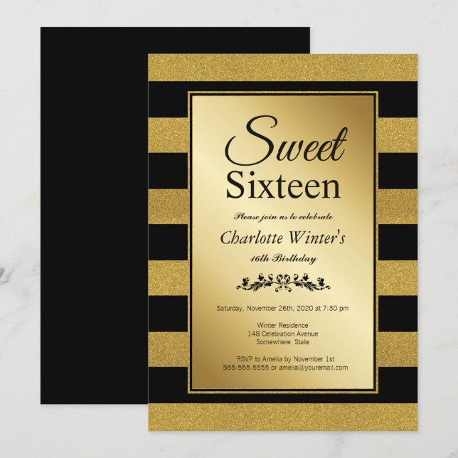Modern Gold Striped Sweet 16 Birthday Invitation (Front/Back)