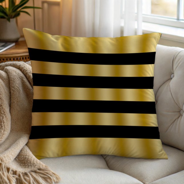 Modern Gold Stripes Black Background Throw Cushion (Creator Uploaded)