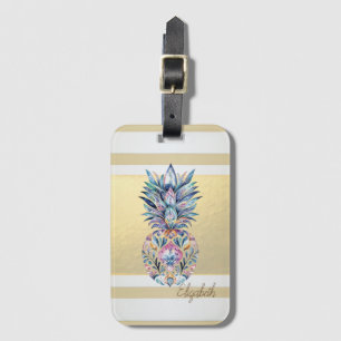 Modern Gold Stripes,Colourful Pineapple Luggage Tag