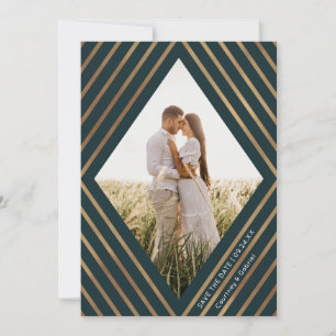 Modern Gold Stripes Diamond Frame Photo Wedding  Save The Date