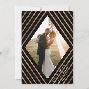 Modern Gold Stripes Diamond Frame Photo Wedding Thank You Card