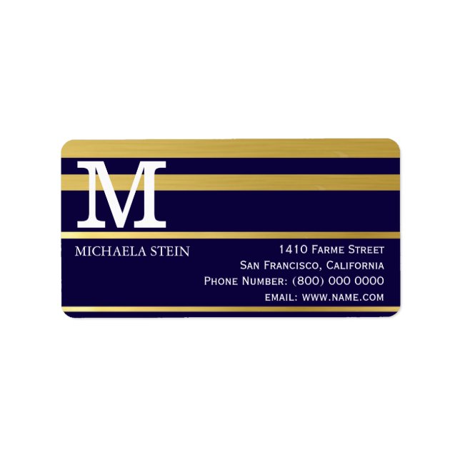 modern gold stripes on blue monogrammed label (Front)