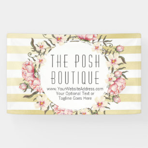 Modern Gold Stripes & Pink Floral Roses Wreath Banner