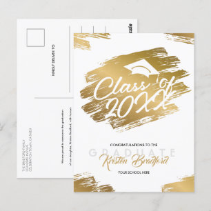Modern Gold Stroke White Graduation Announcement Postcard
