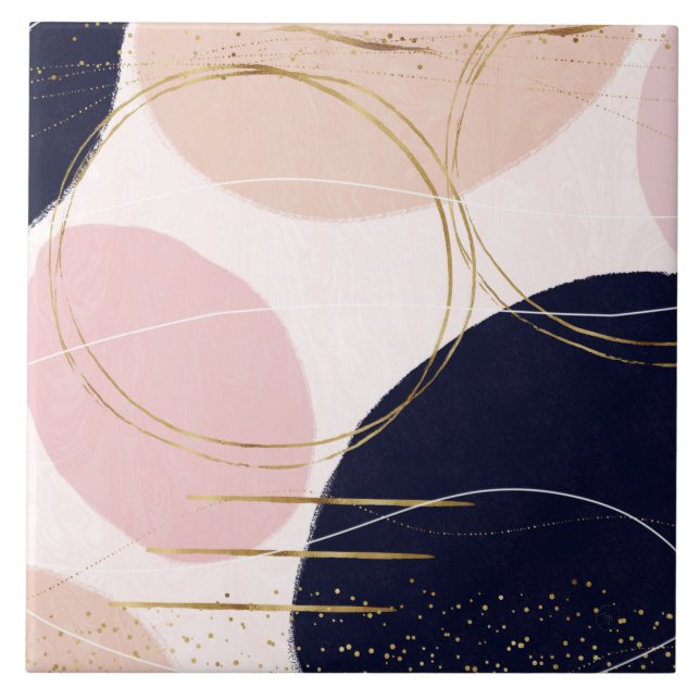 Modern Gold Strokes & Circles Minimal Pink Design Ceramic Tile (Front)