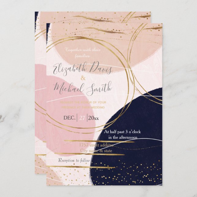 Modern Gold Strokes & Circles Minimal Pink Design Invitation (Front/Back)