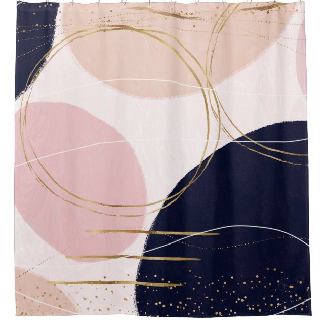 Modern Gold Strokes & Circles Minimal Pink Design Shower Curtain (Front)