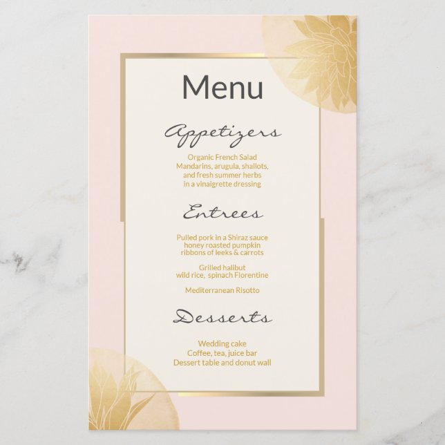 Modern Gold Succulents Wedding Menu  on Blush (Front)
