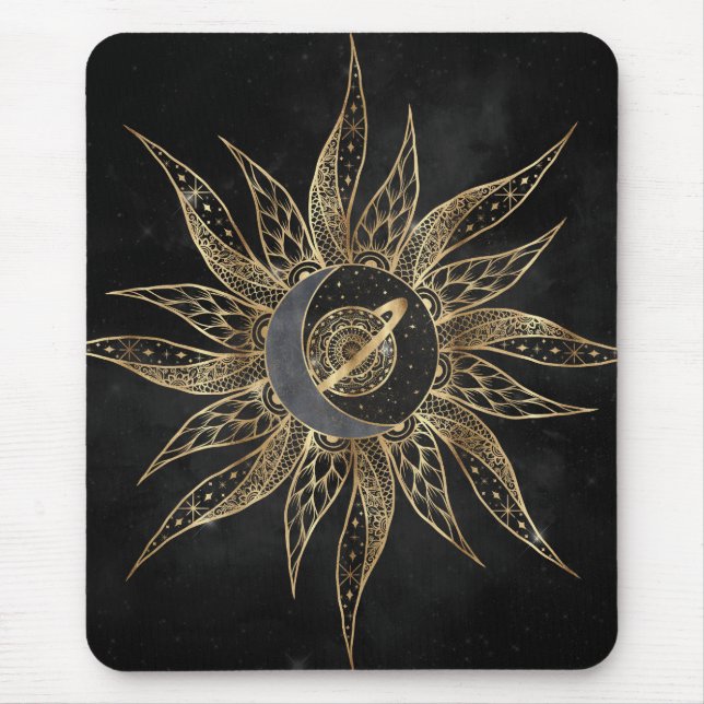 Modern Gold Sun Moon Planet Universe Mandala Mouse Pad (Front)