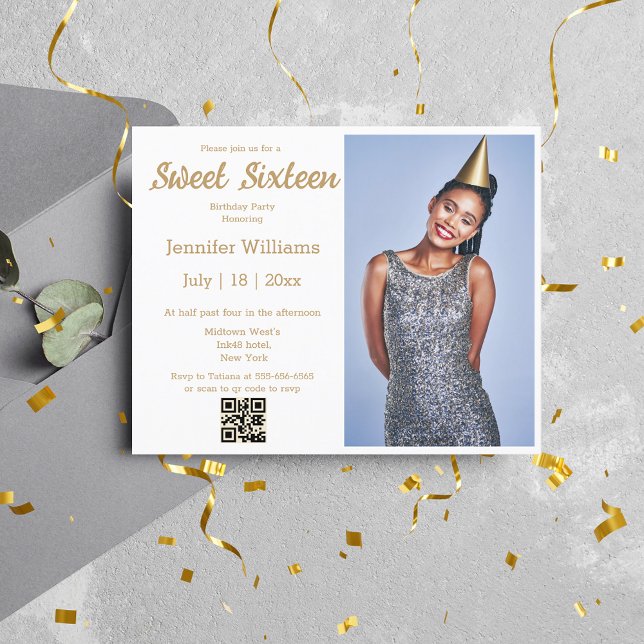 modern gold sweet sixteen qr code photo invitation (Creator Uploaded)