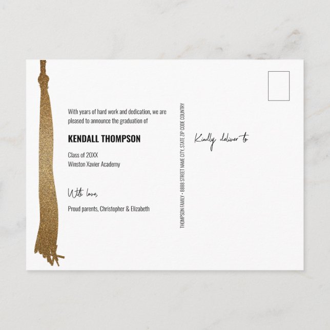 Modern Gold tassel Class 2024 Graduation photo Announcement Postcard (Back)