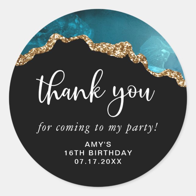 Modern Gold Teal Agate Thank You Birthday Classic Round Sticker (Front)