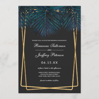 Modern Gold Teal Palm Leaves Geo Borders Wedding Invitation