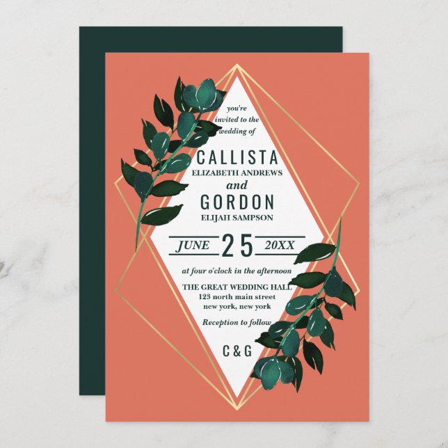 Modern Gold Terracotta Greenery Terrarium Wedding Invitation (Front/Back)
