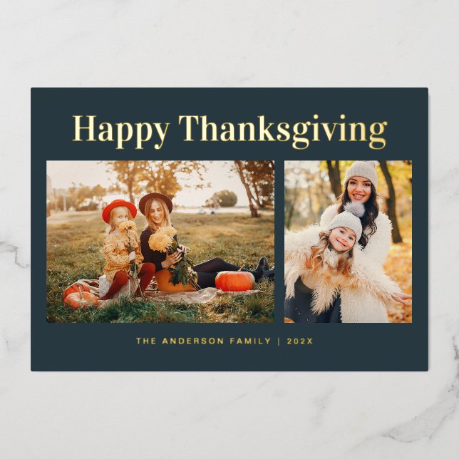 Modern Gold Text Fall Happy Thanksgiving Photo  Foil Holiday Card (Front)