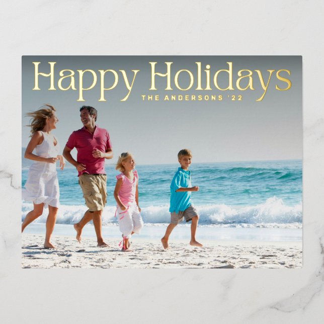 MODERN GOLD TEXT HAPPY HOLIDAYS Photo Foil Holiday Postcard (Front)