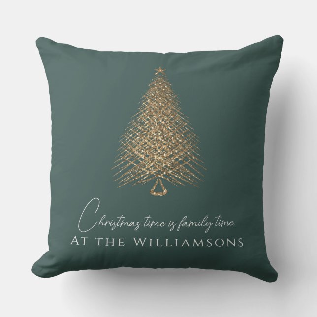 Modern gold tree family green festive christmas   cushion (Front)
