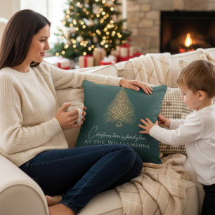 Modern gold tree family green festive christmas   cushion