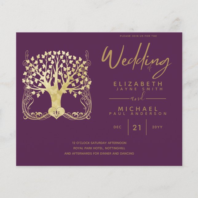 Modern Gold Tree of Life Budget Wedding Invites (Front)