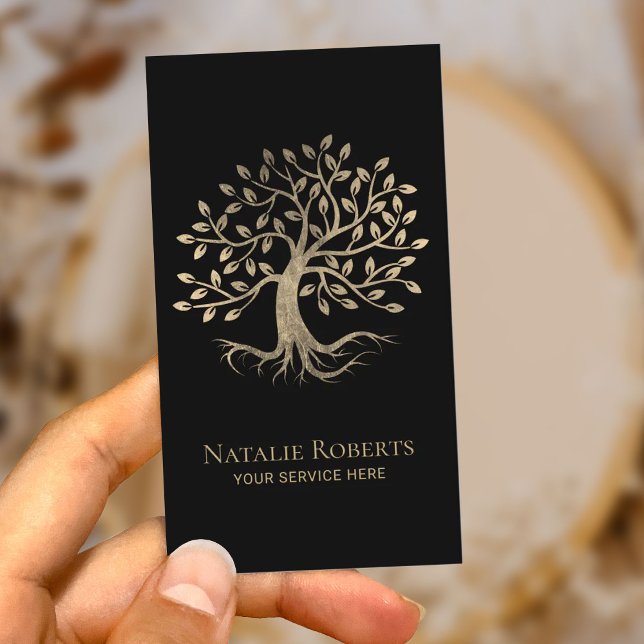 Modern Gold Tree Root Wellness Meditation Yoga Spa Business Card (Creator Uploaded)
