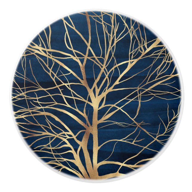 Modern Gold Tree Silhouette Minimal Blue Design Ceramic Knob (Front)