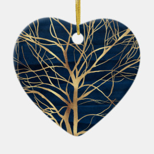 Modern Gold Tree Silhouette Minimal Blue Design Ceramic Ornament