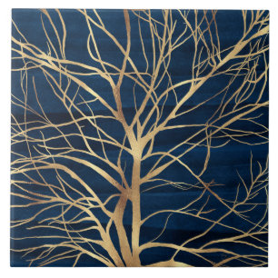 Modern Gold Tree Silhouette Minimal Blue Design Ceramic Tile