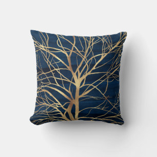 Modern Gold Tree Silhouette Minimal Blue Design Cushion