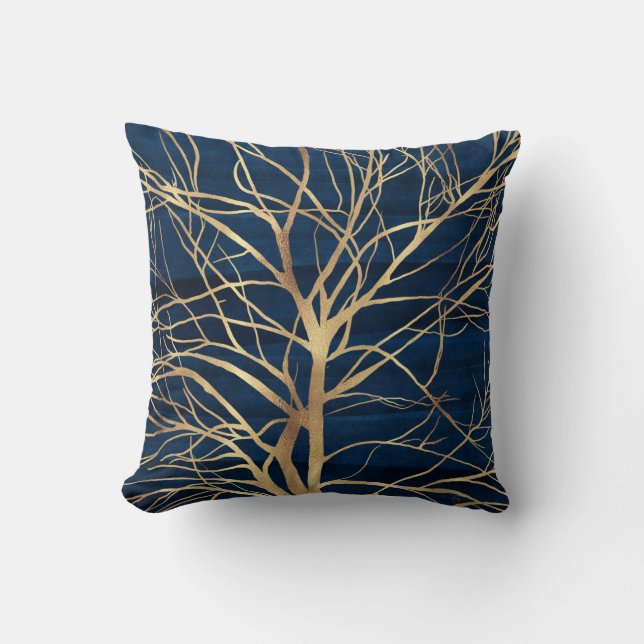 Modern Gold Tree Silhouette Minimal Blue Design Cushion (Front)