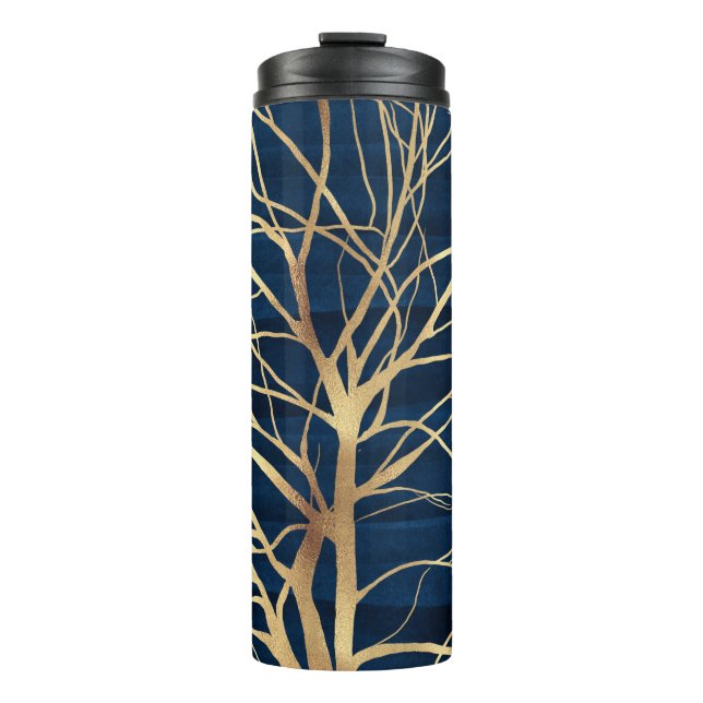 Modern Gold Tree Silhouette Minimal Blue Design Thermal Tumbler (Front)
