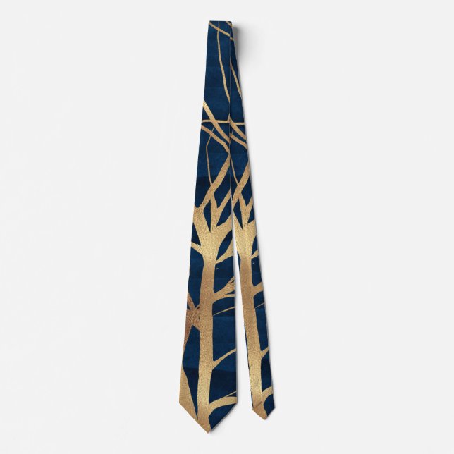 Modern Gold Tree Silhouette Minimal Blue Design Tie (Front)