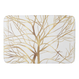 Modern Gold Tree Silhouette Minimal White Design Bath Mat