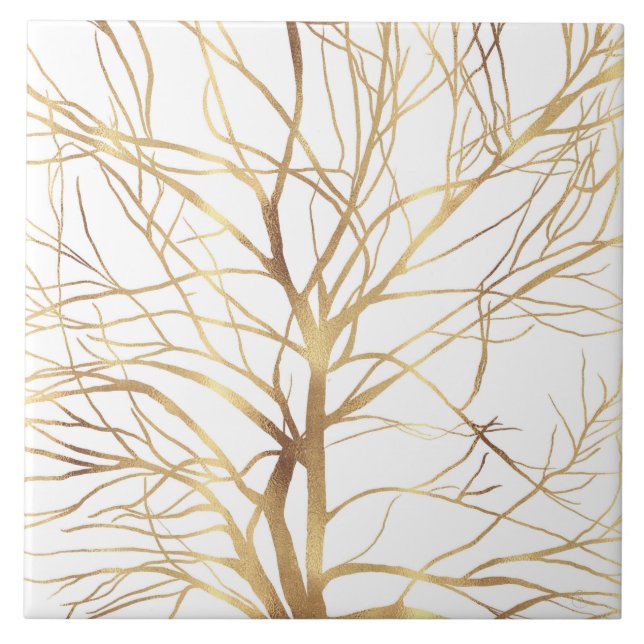 Modern Gold Tree Silhouette Minimal White Design Ceramic Tile (Front)