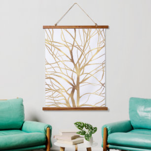 Modern Gold Tree Silhouette Minimal White Design Hanging Tapestry