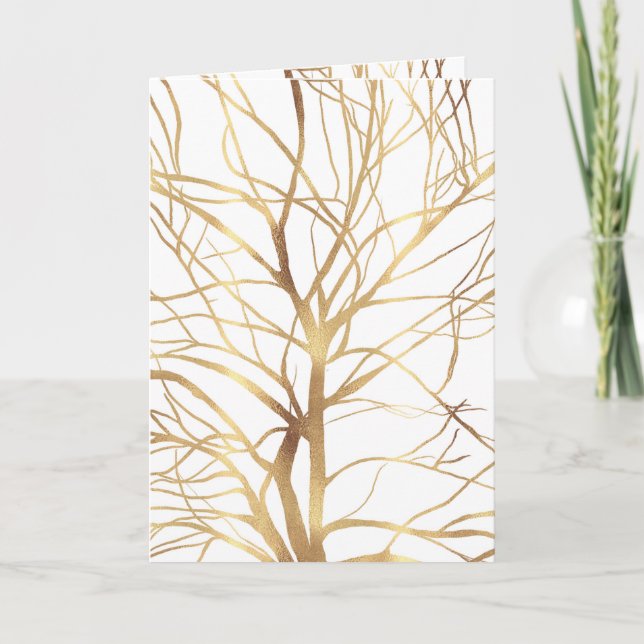 Modern Gold Tree Silhouette Minimal White Design Holiday Card (Front)