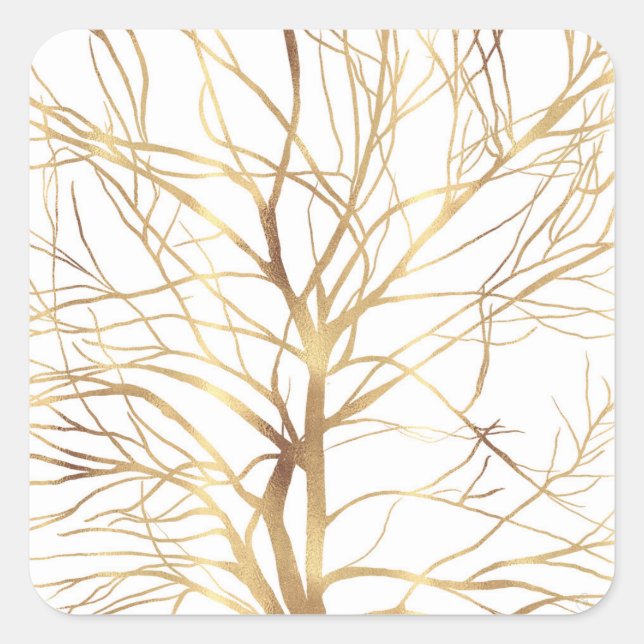 Modern Gold Tree Silhouette Minimal White Design Square Sticker (Front)