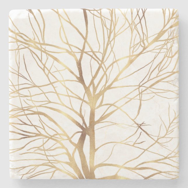 Modern Gold Tree Silhouette Minimal White Design Stone Coaster (Front)