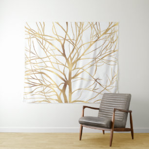 Modern Gold Tree Silhouette Minimal White Design Tapestry