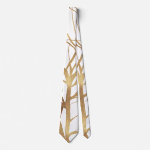 Modern Gold Tree Silhouette Minimal White Design Tie
