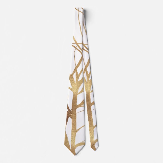 Modern Gold Tree Silhouette Minimal White Design Tie (Front)