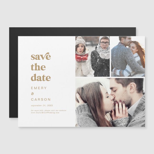 Modern Gold Typography 3 Photo Save the Date Magnetic Invitation (Front/Back)