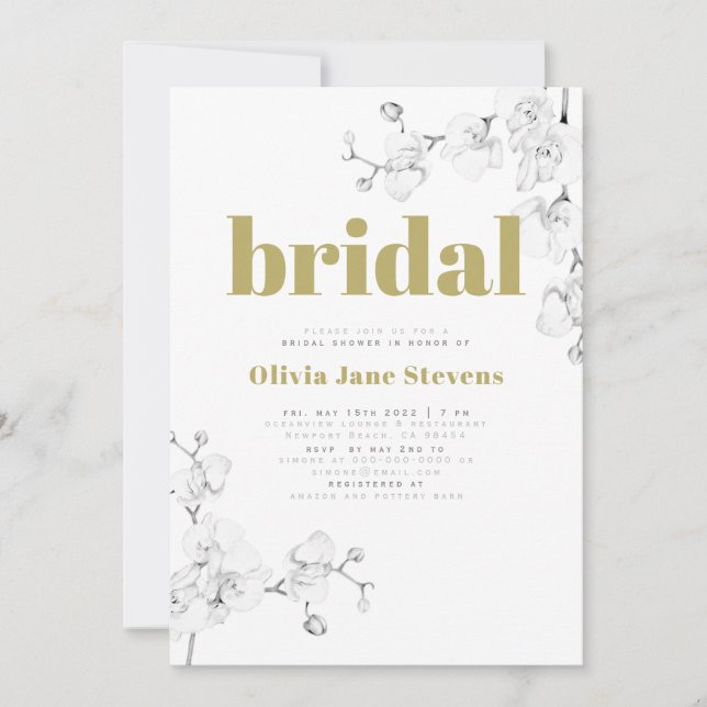 Modern Gold Typography Orchid Floral Bridal Shower Invitation (Front)