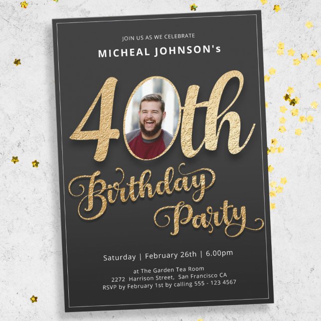 Modern Gold Typography Photo 40th Birthday  Invitation (Mockup View)